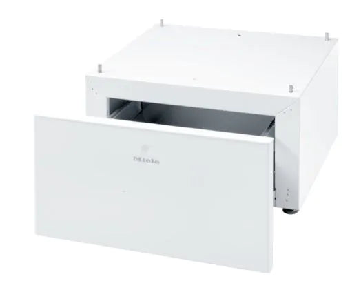 Miele WTS510 35cm high white plinth with 17.5cm drawer for washing machines and dryers, available at Kean’s Claremorris. –