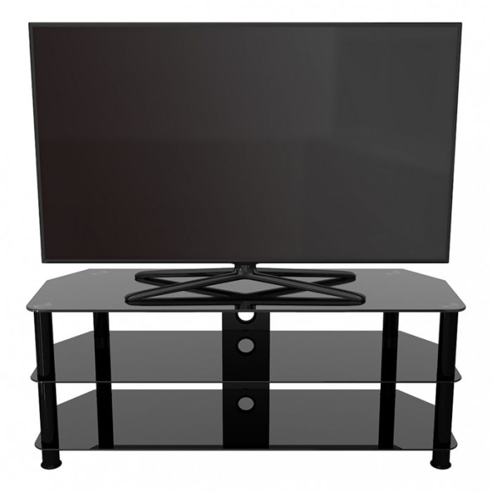 Alphason 1250mm black corner glass TV stand with three shelves and cable management holes, shown with TV.