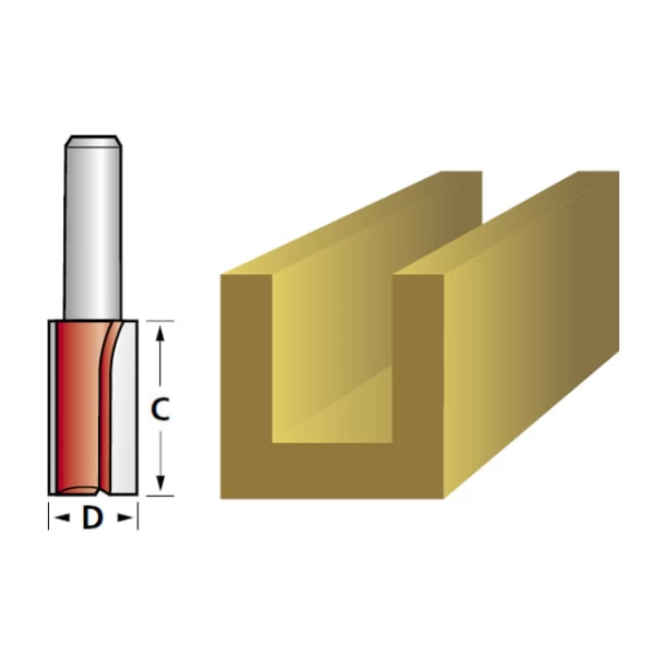 Diagram of a TCT two-flute router bit with dimensions and a U-shaped groove cut in wood.