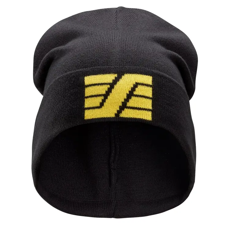Snickers Beanie by Keans Claremorris, warm knitted acrylic fold-up hat with intarsia-knit logo, ideal for cold weather.