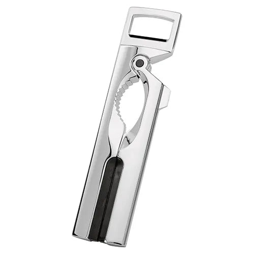 Stellar chrome nut cracker and bottle opener with ergonomic handles and mirror-polished finish on white background.