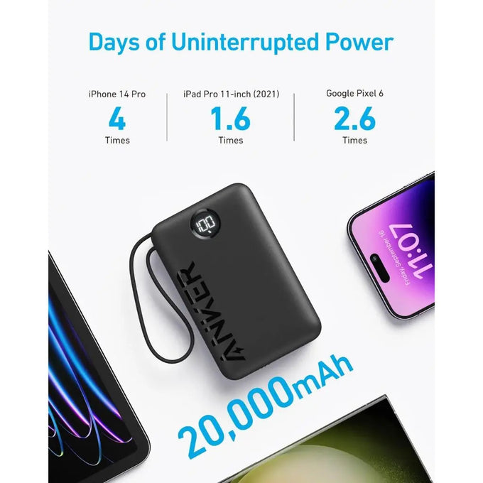 Anker 335 Power Bank 20,000mAh with 22.5W fast charging and built-in USB-C cable - Keans Claremorris