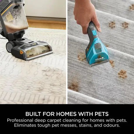 Shark Carpet Xpert PET PRO cleaning deep pet stains from light-colored carpets in two close-up views.