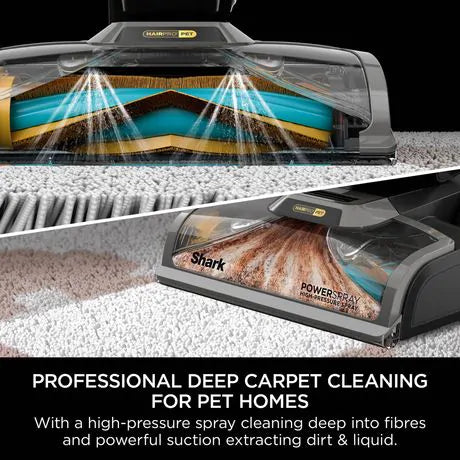 Shark Carpet Xpert PET PRO cleaner showing high-pressure spray and suction on carpet fibers