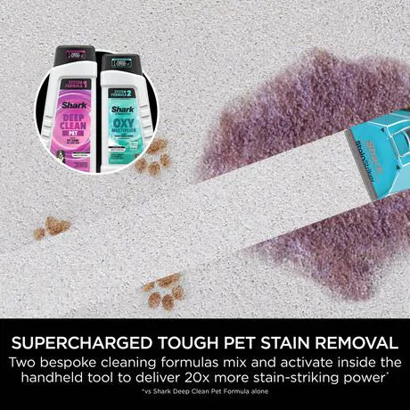 Shark Carpet Xpert PET PRO removing a purple stain from carpet with inset of two cleaning formula bottles.