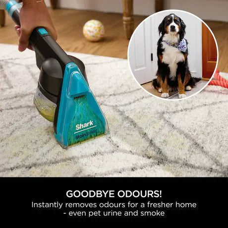 Shark Carpet Xpert PET PRO cleaning pet urine stains from a light carpet with a dog inset showing pet use.