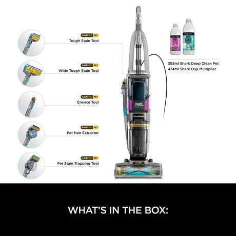 Shark Carpet Xpert PET PRO vacuum with five cleaning tools and two cleaning solution bottles shown on white background.