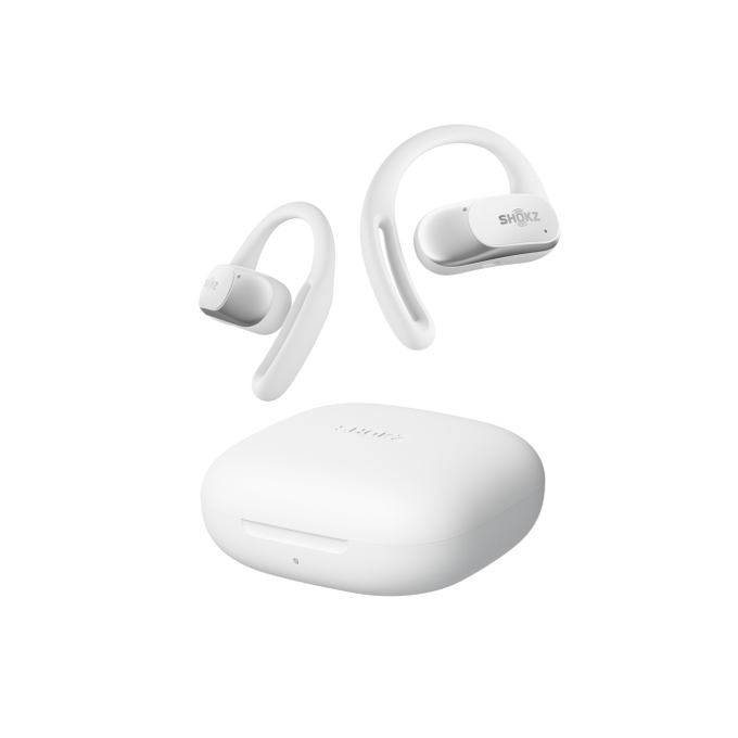 Shokz OpenFit Air White true wireless open-ear earbuds with DirectPitch, 28hr battery, IP54 water resistance – available at