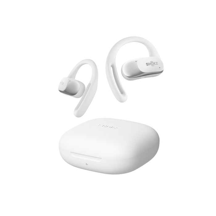 Shokz OpenFit Air White true wireless open-ear earbuds with DirectPitch, 28hr battery, IP54 water resistance – available at