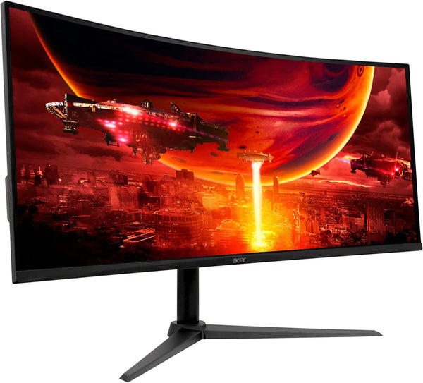 Acer 34” Nitro curved gaming monitor showing a sci-fi cityscape with spaceships and a large planet in red tones.