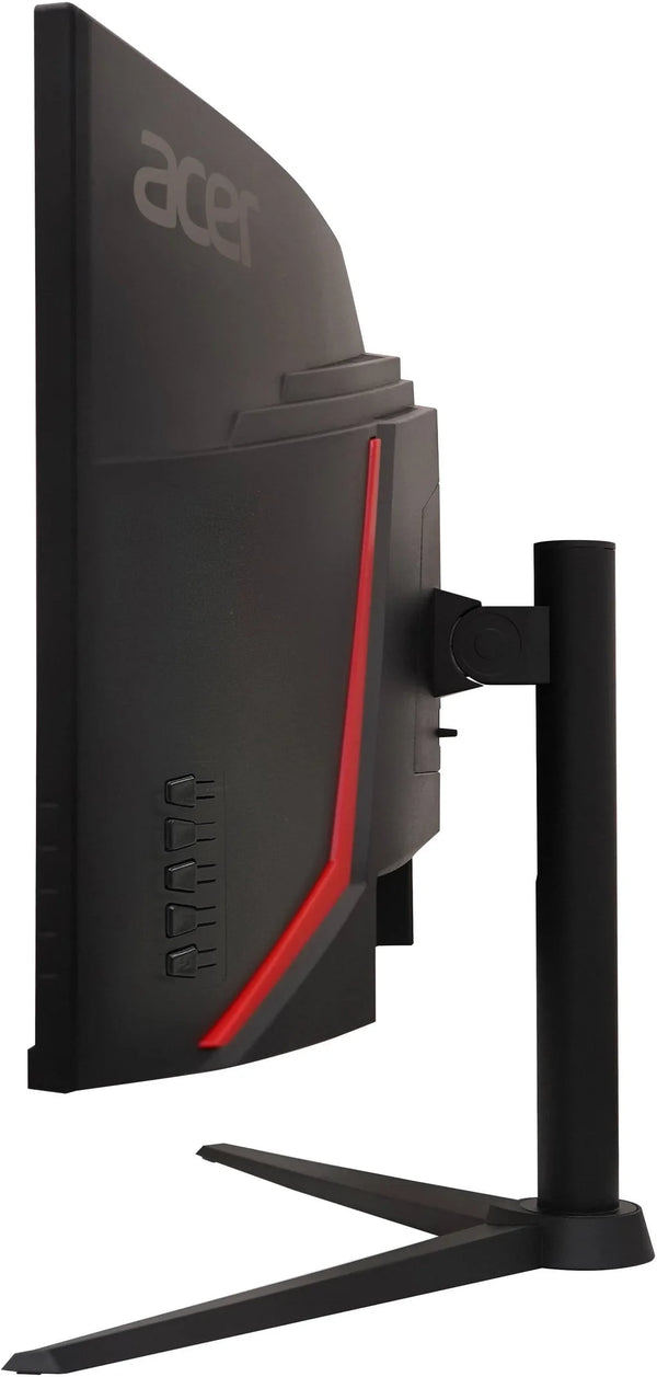 Side view of Acer 34” Nitro Curved Gaming Monitor showing black and red design with adjustable stand.