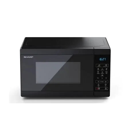 Sharp 20L 800W black microwave with digital display and touch control panel on the right side.