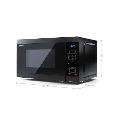 Sharp 20L 800W black microwave showing front and right side with digital display and control panel, dimensions visible