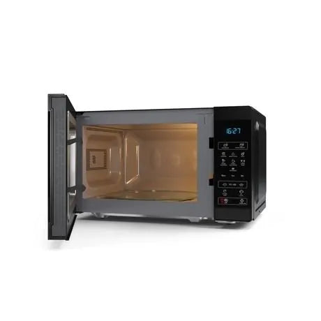 Sharp 20L 800W black microwave with door open, showing interior and digital control panel on right side.