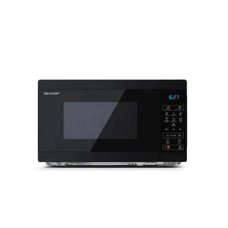 Sharp 20L 800W black microwave with digital display and control panel on the right side.