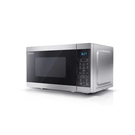 Sharp 20L 800W silver microwave shown from a front-side angle with digital control panel and display.