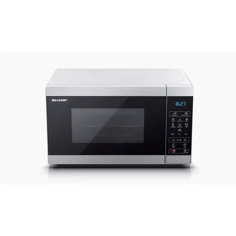 Sharp 20L 800W silver microwave with black front panel and digital control display on white background.