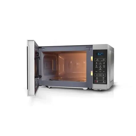 Sharp 20L 800W silver microwave with door open, showing interior and digital control panel on right side.