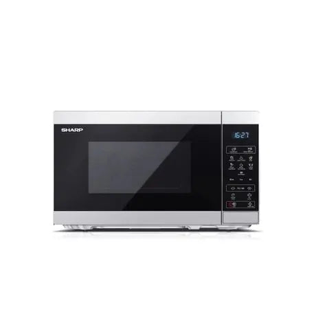 Sharp 20L 800W silver microwave with black front panel, digital display, and touch control buttons on right side