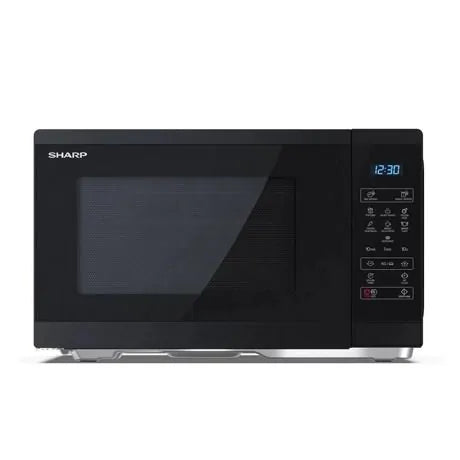 Sharp 25L 900W black microwave with digital display and control panel on the right side, front view.