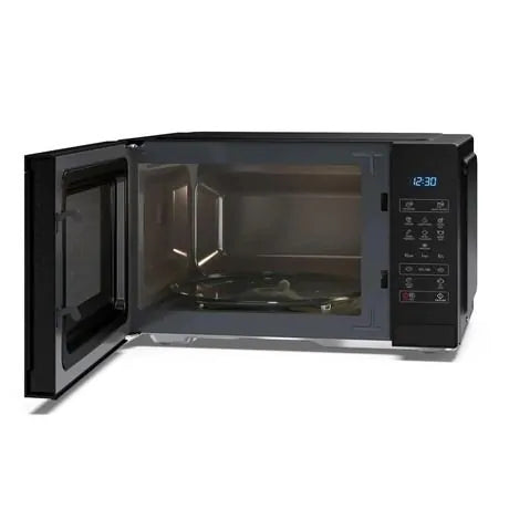 Sharp 25L 900W black microwave with door open, showing interior and digital control panel lit at 12:30