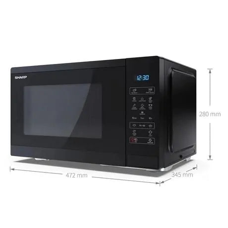 Sharp 25L 900W black microwave showing front and right side with digital display and control panel.