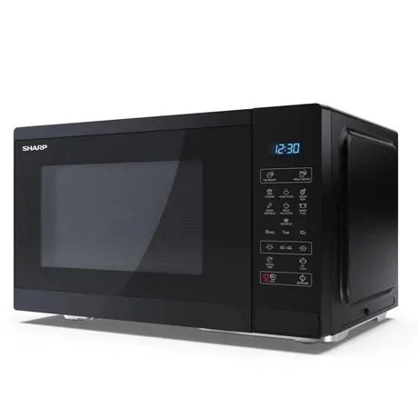 Sharp 25L 900W black microwave with digital display and touch control panel shown at slight angle.