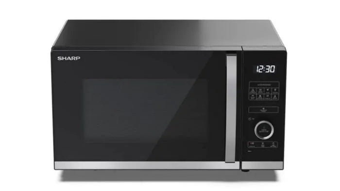 Sharp 25L 900W silver flatbed microwave with digital display and control panel on the right side.