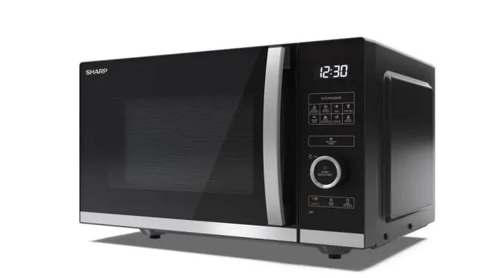 Sharp 25L 900W flatbed microwave in silver with digital display and control panel on the right side