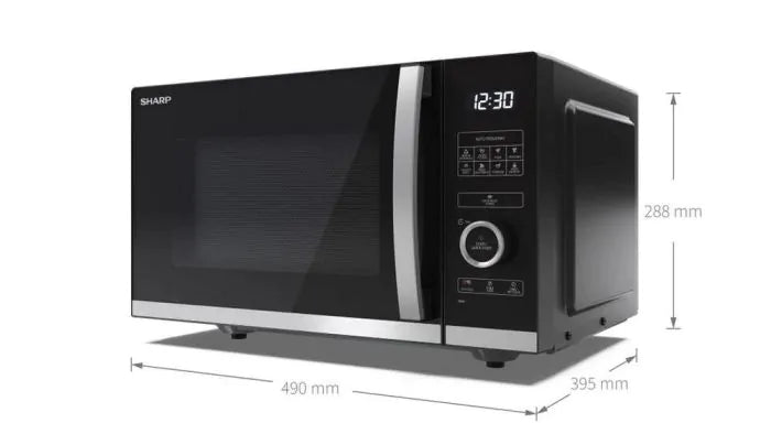 Sharp 25L 900W silver flatbed microwave showing front and right side with digital display and control panel.