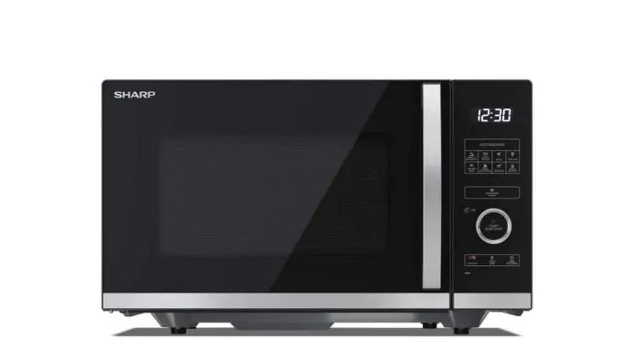 Sharp 25L 900W flatbed microwave in black with digital controls and a silver handle, front view.