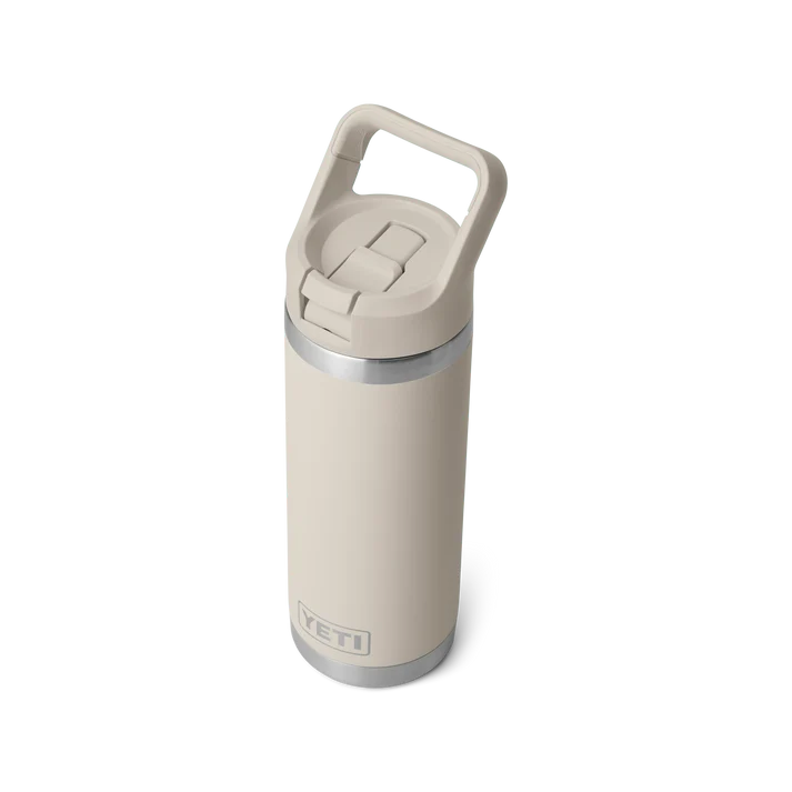 Yeti Rambler 18 oz straw bottle in cape taupe with carry handle and flip straw lid, front view.