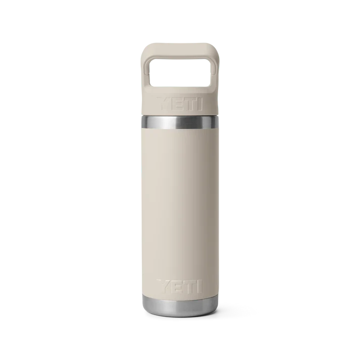 Yeti Rambler 18 oz straw bottle in cape taupe with handle and stainless steel accents, back view.