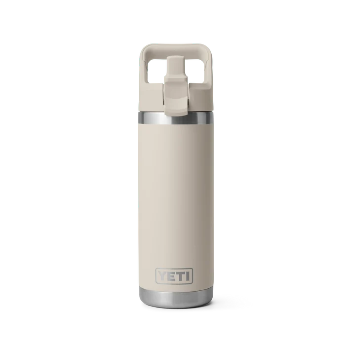 Yeti Rambler 18 oz straw bottle in cape taupe with a flip-up handle and silver base ring