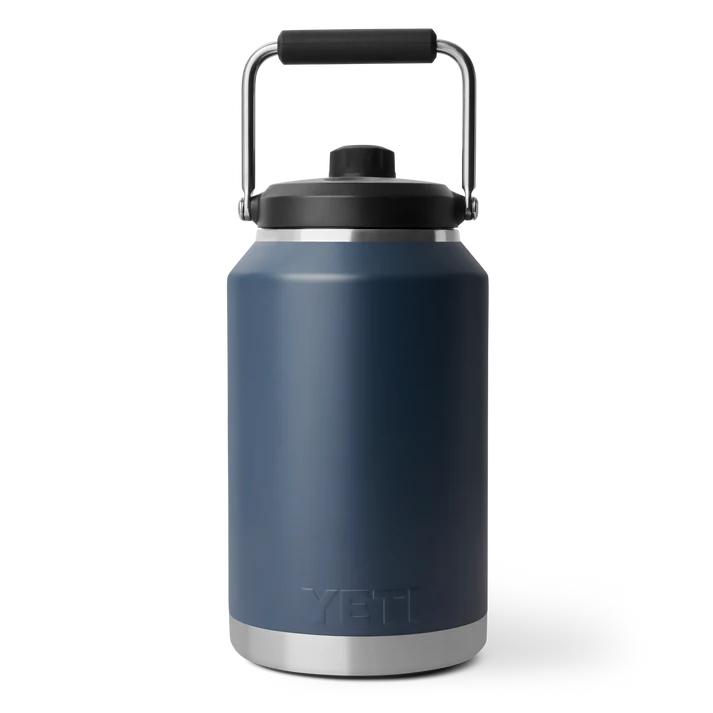Yeti Rambler one gallon jug in navy with black lid and metal handle, front view on white background