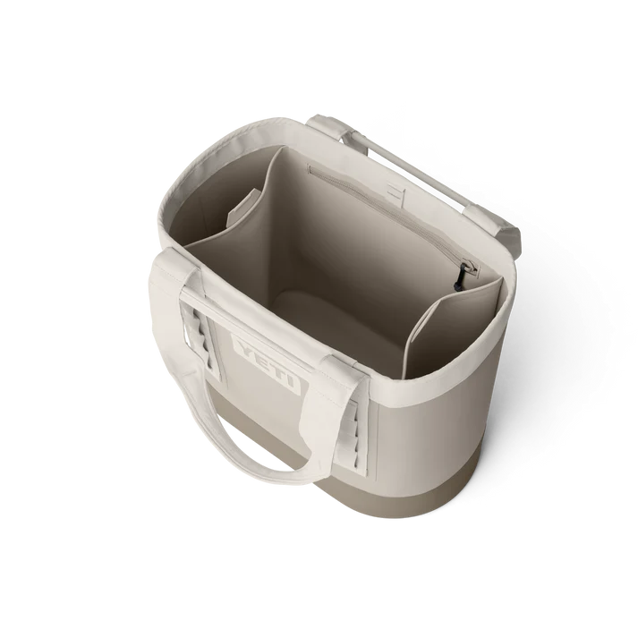 YETI Camino® Carryall 35 tote bag in Cape Taupe shown open, displaying interior pockets and handles.