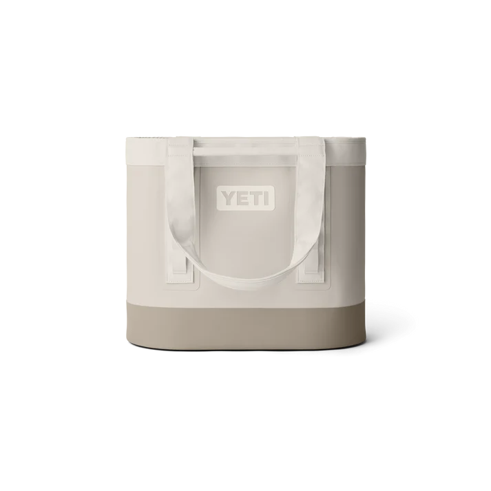 YETI Camino Carryall 35 tote bag in Cape Taupe with front view and handles down on white background