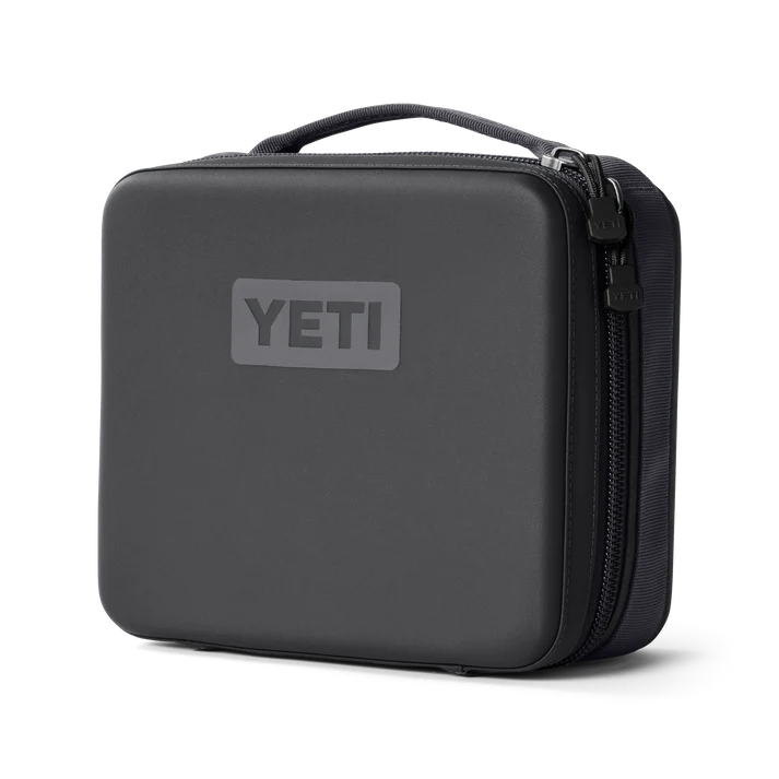 Yeti Eu Daytrip insulated lunch box in charcoal with top handle and double zipper closure, front view
