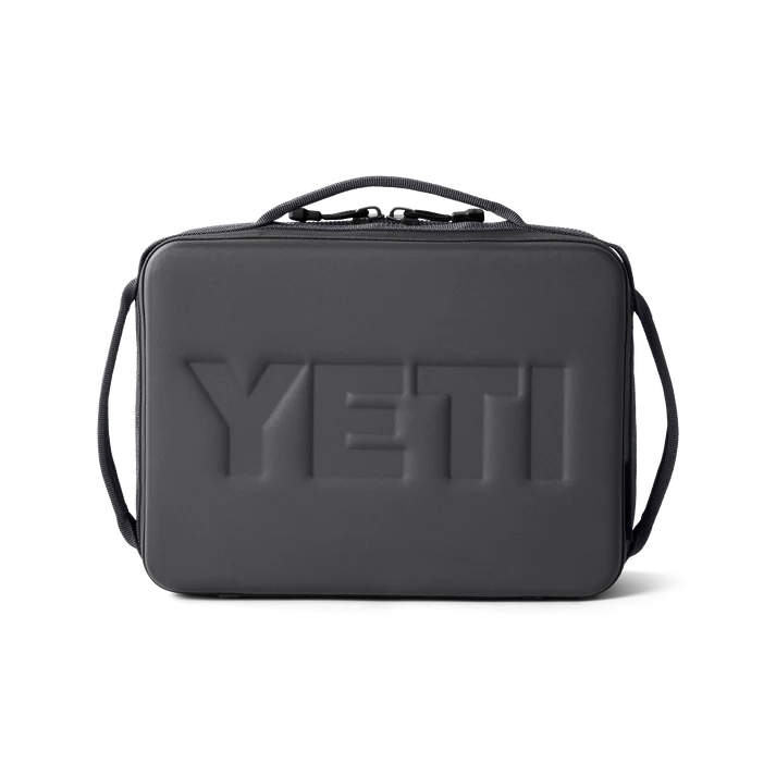 Charcoal Yeti Eu Daytrip insulated lunch box with embossed logo and top handle, front view