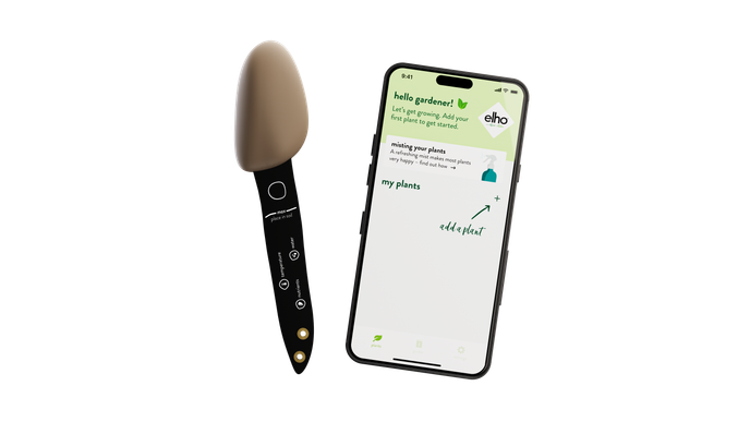 Smart Pebble plant care sensor next to a smartphone showing the Elho plant care app interface.