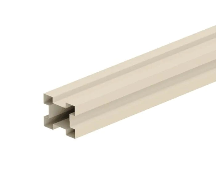 Buttermilk-colored Smart Fence Gen2 post cover with H-groove profile on all four sides, angled view.
