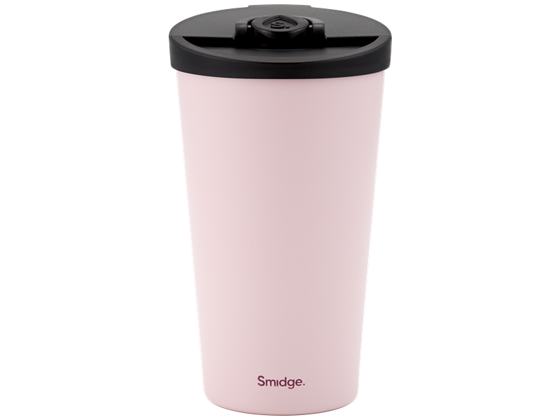 Smidge Travel Cup 355ml in summer blush pink with black lid and Smidge logo on front