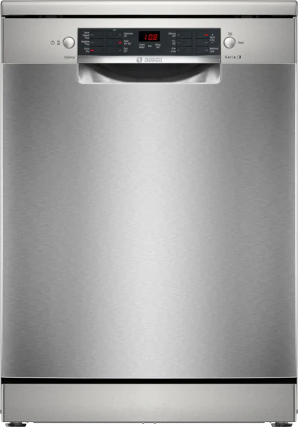 Bosch SMS26AI08G 60cm freestanding dishwasher, brushed steel anti-fingerprint, 12 place settings, quiet 46dB, at Keans