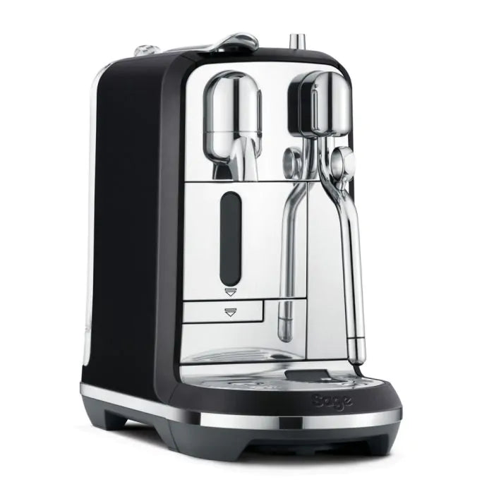 Sage The Creatista Plus Nespresso Pod Machine in black with stainless steel front and steam wand, angled view.
