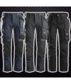 Snickers All Around Stretch Trousers in Black, flexible work pants by Keans Claremorris, durable and comfortable fit.