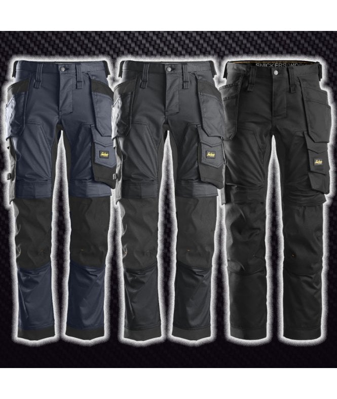 Snickers All Around Stretch Trousers in Black, flexible work pants by Keans Claremorris, durable and comfortable fit.