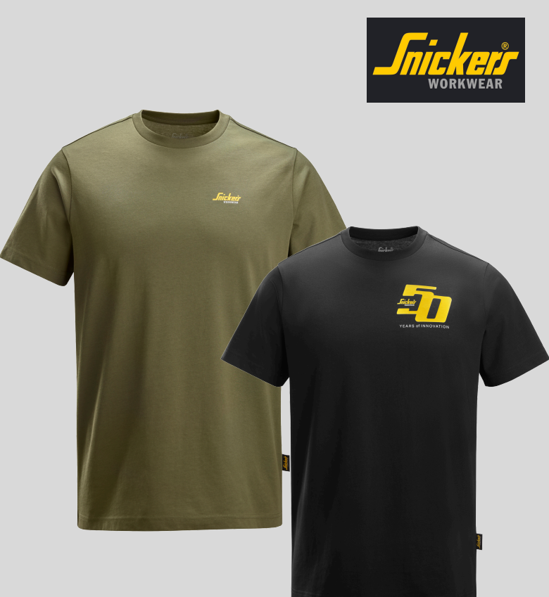 Two Snickers Workwear t-shirts, one olive green with small logo, one black with 50 years logo, on gray background