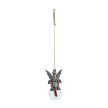 Solar Fairy Fantasy hanging decoration with a bronze fairy sitting on a clear orb, suspended by a twine loop.