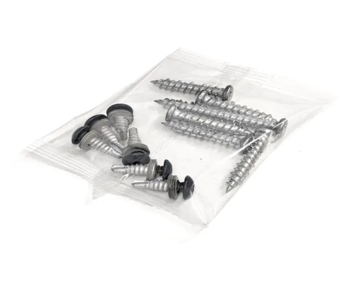 Clear plastic bag containing six silver concrete screws and six smaller screws with black heads from the Smart Fence
