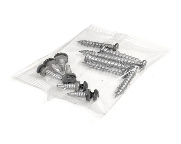 Clear plastic bag containing six concrete screws and six Merlin Grey Tex screws for SmartFence installation.